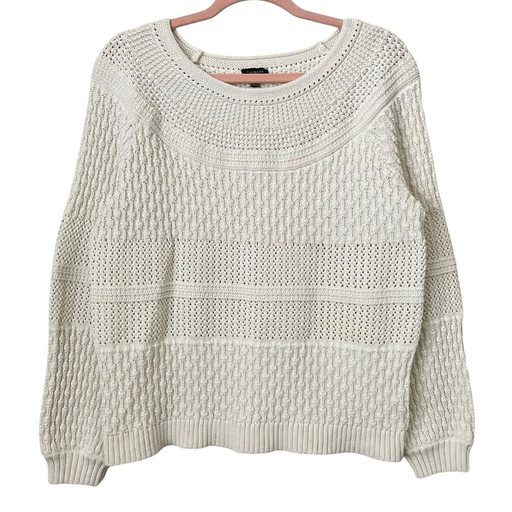 Talbots Sweater Womens Large Cream Crochet Textured Knit Long‎ Sleeve Coquette